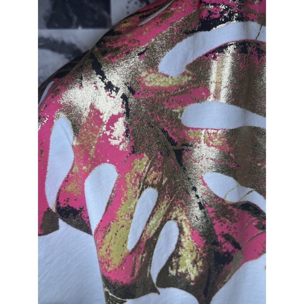 Chicos Small Gold Foil Short Sleeve Top Chicos 0 Pink Palms Metallic Gold - Picture 7 of 11